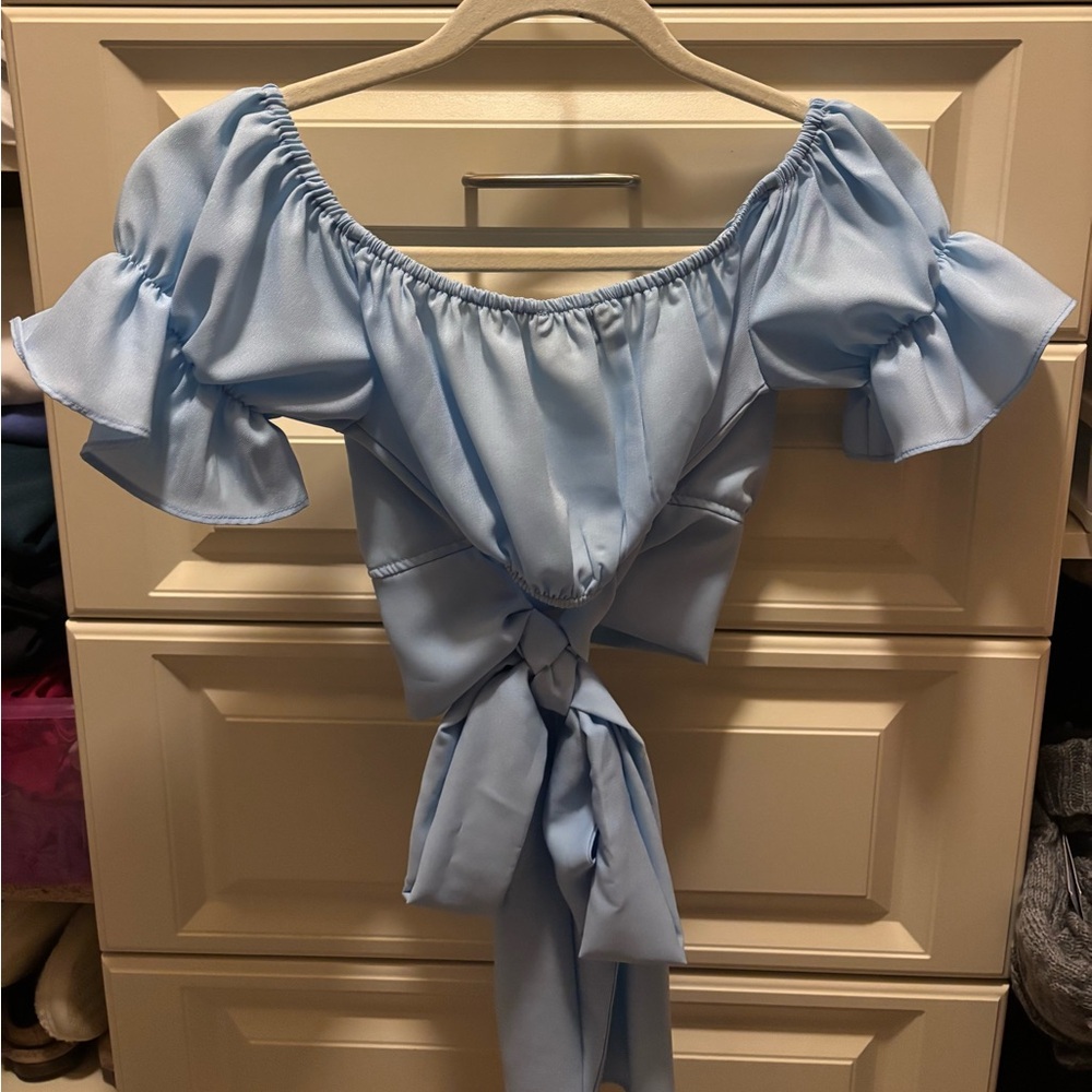 Light Blue Off-Shoulder Ruffle Top - Picture 2 of 5